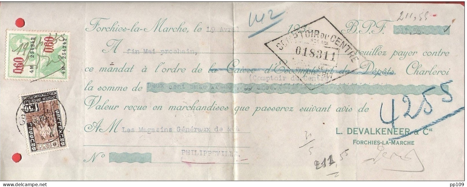 TP 388 Expo Bruxelles  Mandat (ou Reçu) Pub  DEVALKENEER à FORCHIES LA MARCHE  CHARLEROI 1935 + Fiscal - Documentos