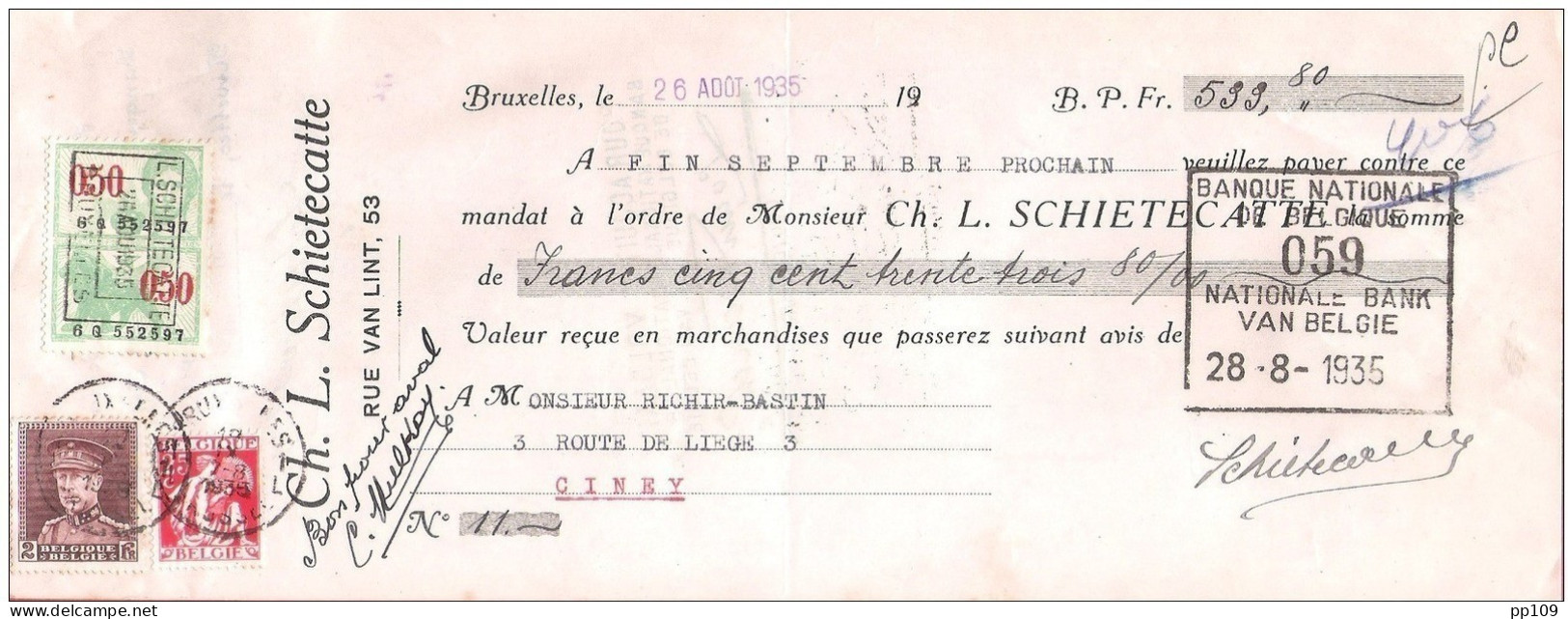 TP 321 Albert Képi Sur  Mandat (ou Reçu) Pub  SCHIETECATTE 53, Rue Van Lint à ANDERLECHT Bruxelles 1935  + Timbre Fiscal - Documents