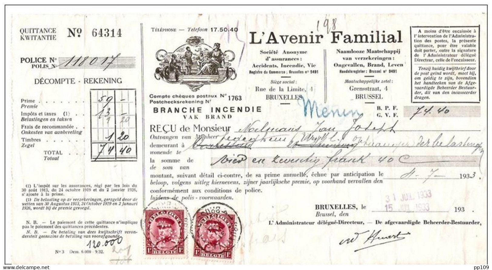 TP 317 (2) Perforés AF Avenir Familial  Juillet 1933 Sur Reçu + Fiscal Perforé Au Dos - 1909-34