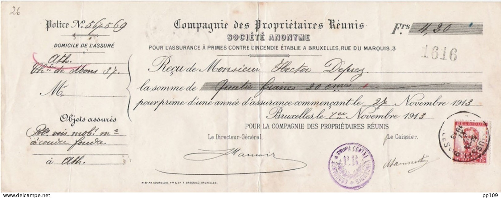 TP 118 Perforé/perfin Sur Reçu - Cfr Au Dos  Obl. Ath Le 29 XI 1913 - 1909-34