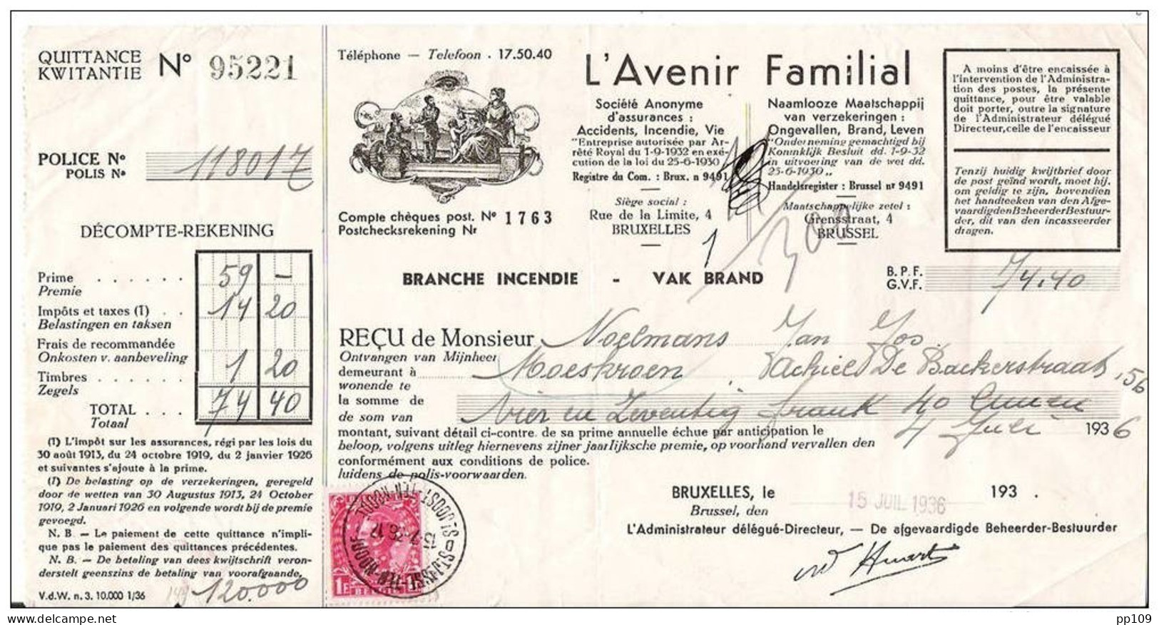 TP403 Perforé / Perforatie AF "Avenir Familial" Sur Reçu Complet Avec Fiscal PERFORE ! Obl St Josse Ten Noode 13 VII 36 - 1934-51