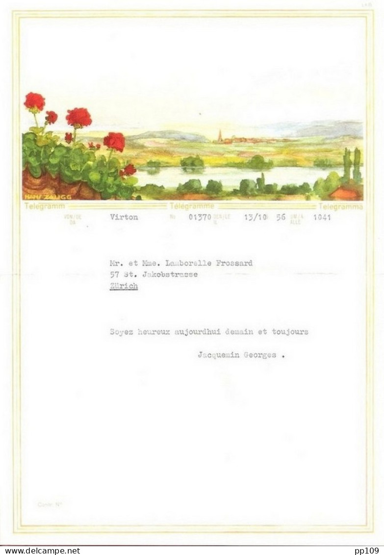 TELEGRAMM TELEGRAMME TELEGRAMMA SUISSE Illustration Paysage  Hans ZAUGG Avec Enveloppe Obl TELEGRAPH ZÜRICH 13 X 1956 - Telégrafo