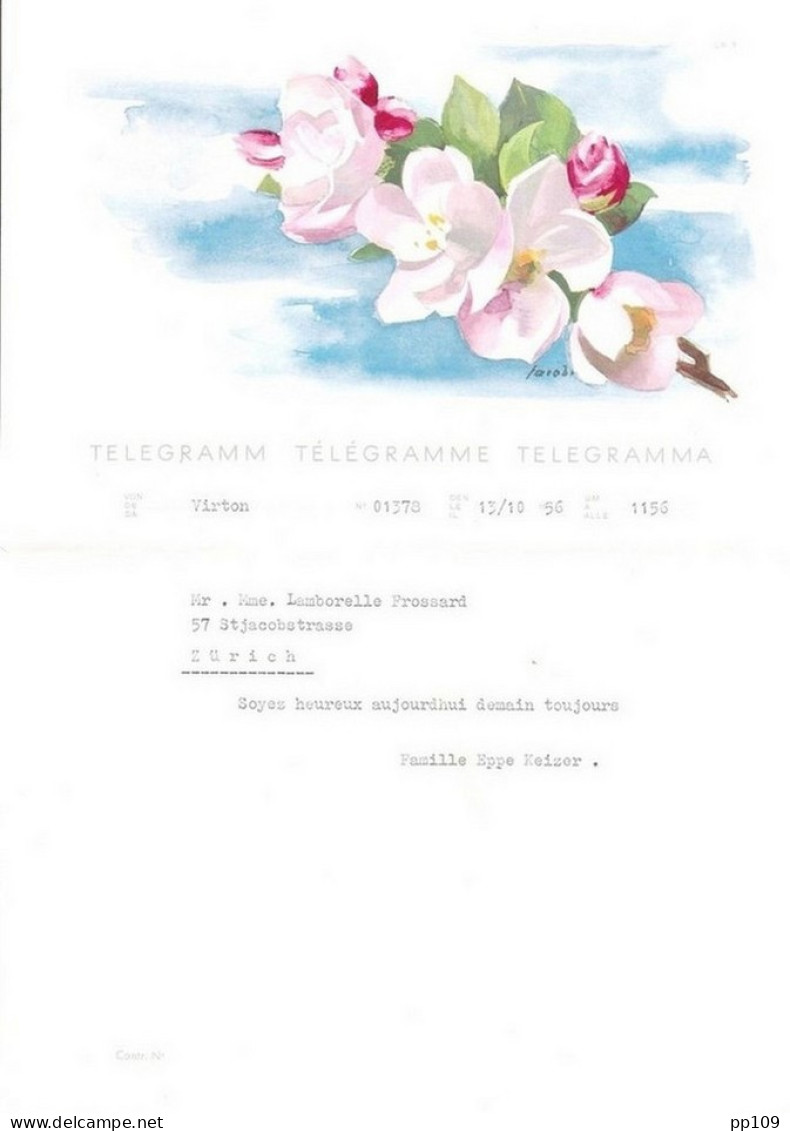 TELEGRAMM TELEGRAMME TELEGRAMMA SUISSE Illustration Fleurs Avec Enveloppe Obl TELEGRAPH ZÜRICH 13 X 1956 - Télégraphe