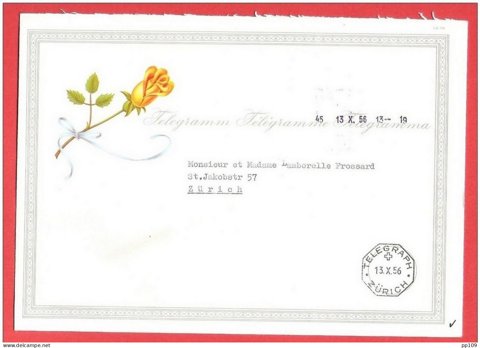 SUISSE Télégramme Illustré  Telegramm Telegramma Avec Enveloppe TELEGRAPH ZURICH 13 X 56 Rose Ruban - Telegraph