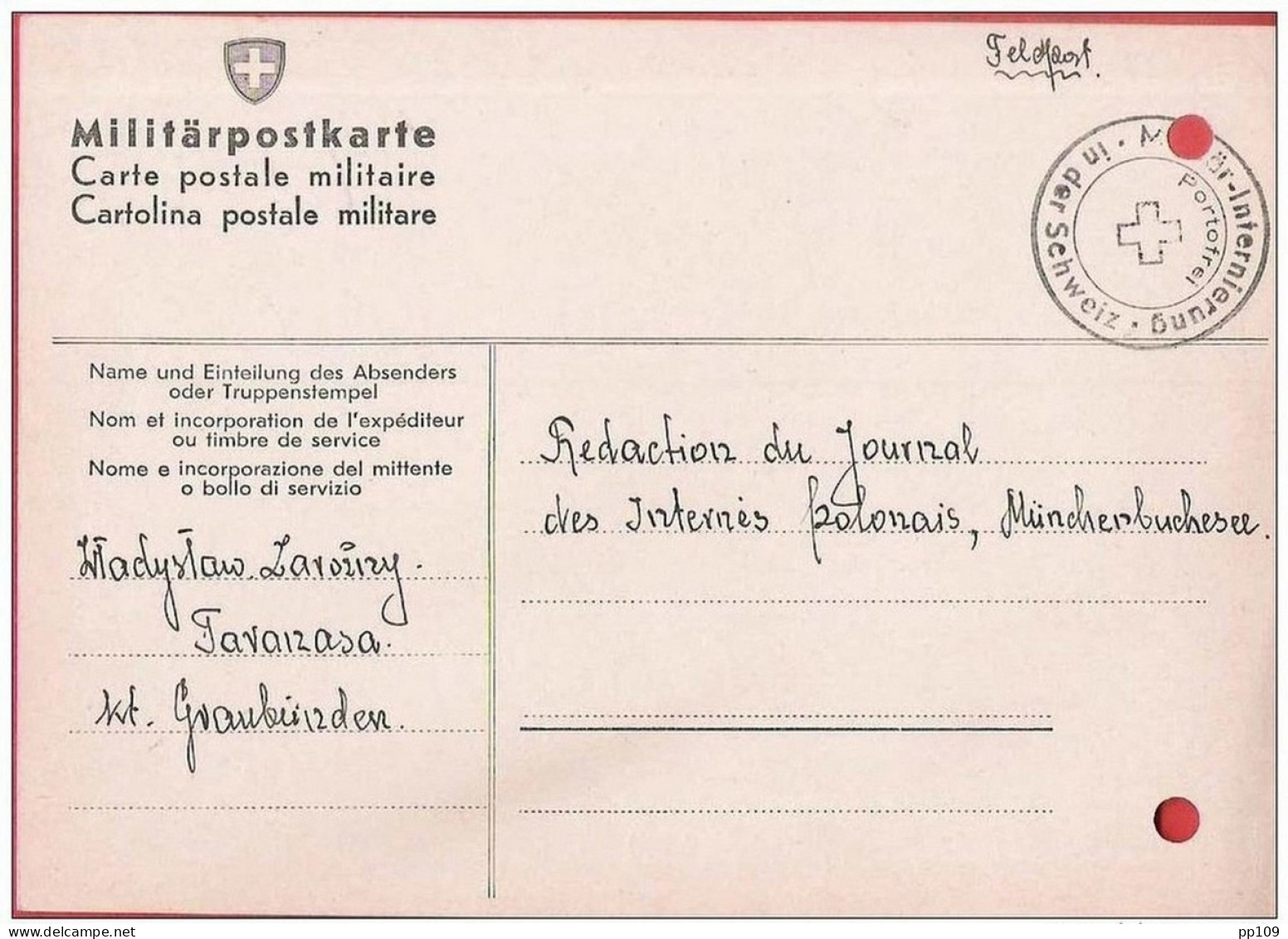 SUISSE CP Militaire Camp Internement TAVANASA  Interné Polonais Poland Internierung Militërpostkarte  1942 - Gevangenkampen