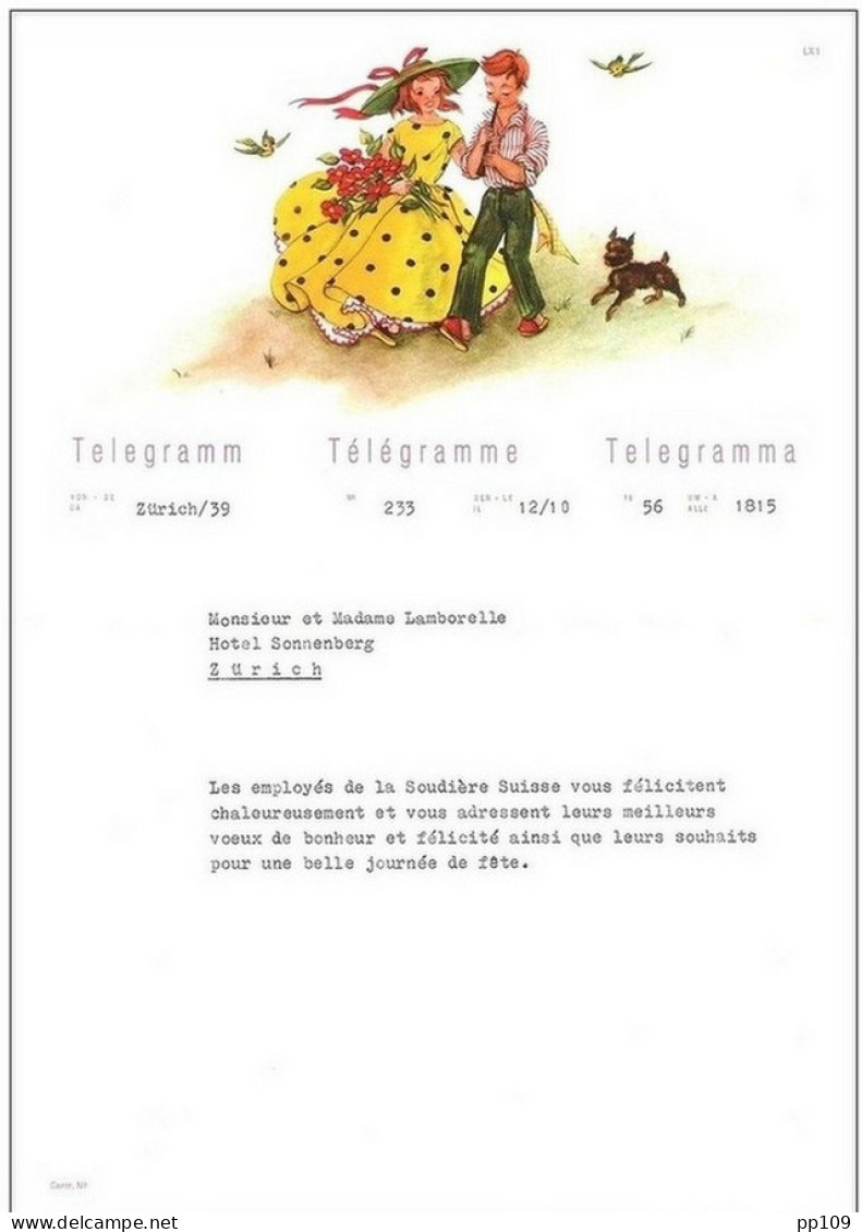 SUISSE  Télégramme Illustré  Telegramm Telegramma Avec Enveloppe TELEGRAPH ZURICH 12 X 56 - Couple, Chien, Oiseau, Fleur - Telegraafzegels