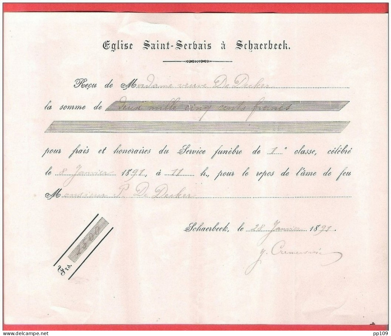 SCHAERBEEK  Eglise SAINT SERVAIS  Reçu Pour Frais De Service Funèbre  1891 - Documents