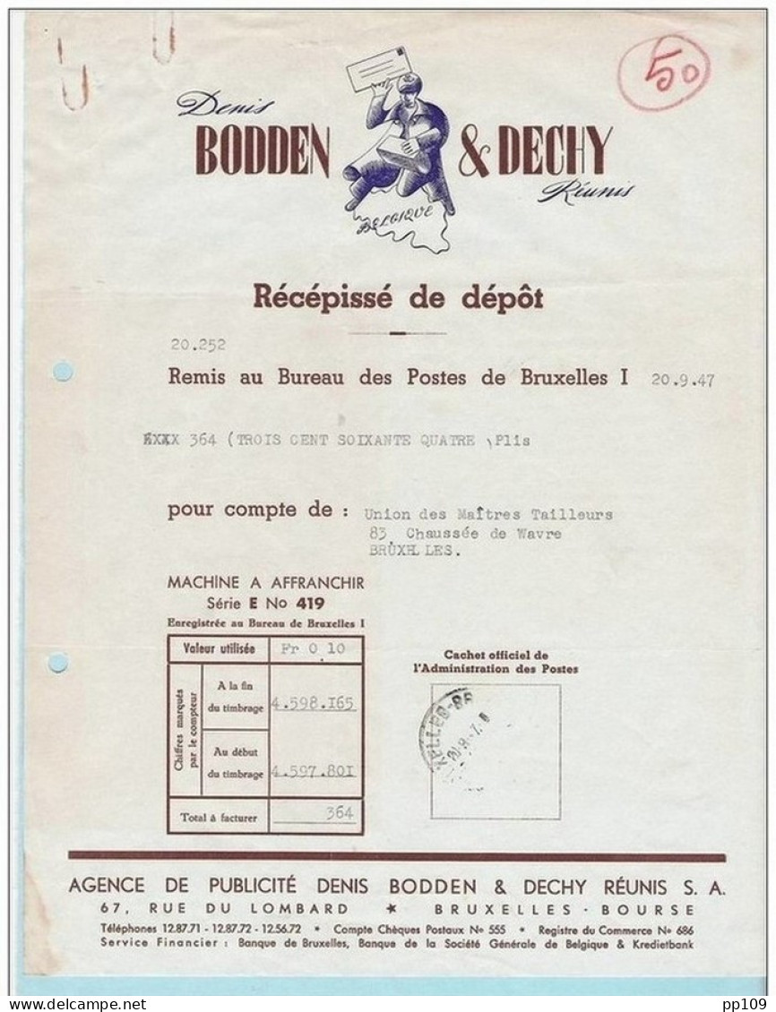 Récépissé De Dépôt Machine à Affranchir - Affranchissement Mécanique Imprimé  Poste BRUXELLES 1 - 1947 - Sonstige & Ohne Zuordnung