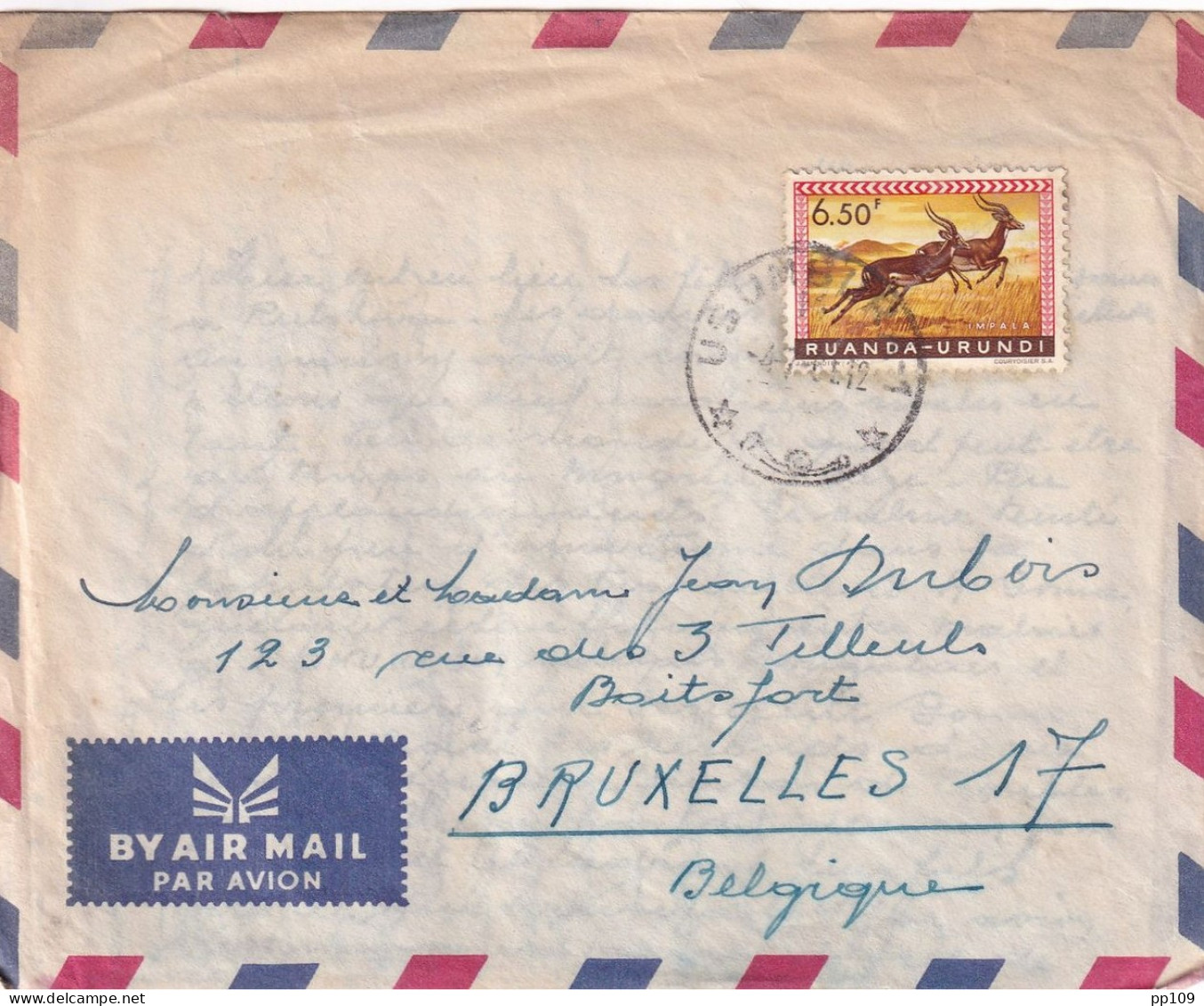 RUANDA URUNDI   TP Impala  Obl USUMBURA 4 VII 56  /L Par Avion By Air Mail Vers Boitsfort  Dubois  + Contenu - Covers & Documents