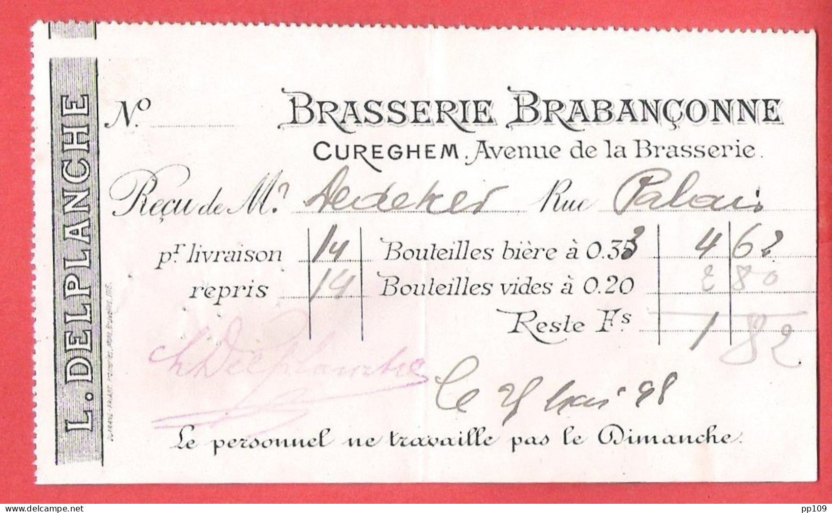 RECU  BRASSERIE BRABANCONNE Bière L DELPLANCHE Avenue De La Brasserie à CUREGHEM  29 V  1898 - 1800 – 1899