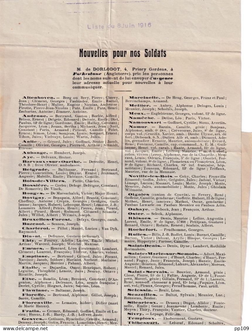 Poste Clandestine Smokkelpost FOLKESTONE  DORLODOT  1916 Andenne, Namur, Habay La Neuve, Virton, Saint-Servais, Leuze... - Not Occupied Zone