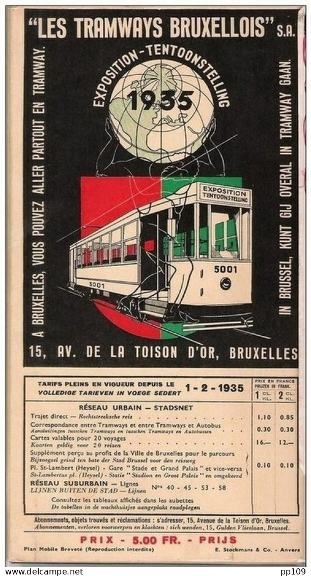 Plan De Réseau "LES TRAMWAYS BRUXELLOIS" Exposition - Tentoonstelling Bruxelles 1935 Glissière Plan Des Rues Très Frais - Europe