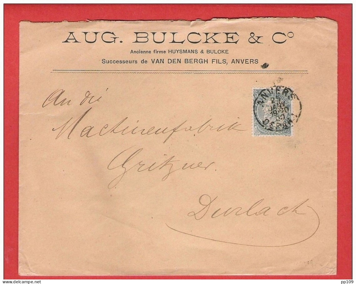 Perforé Fine Barbe  TP 63 Aug. BULCKE &amp; C° ANVERS ANtwerpen 1900 Vers Durlach   COB  90 Euros - 1863-09