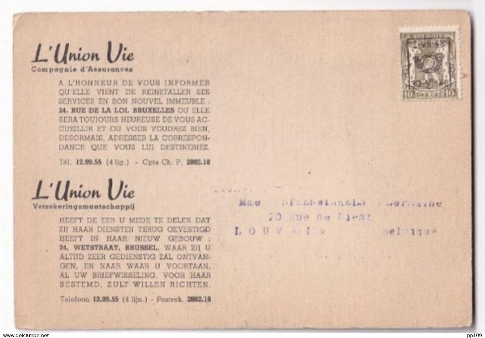 PO582 Sur CP L'union Vie  Assurance Rue De La Loi, 24 - Typo Precancels 1936-51 (Small Seal Of The State)