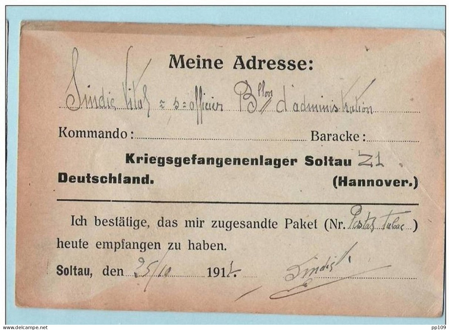 PK CP Kriegsgefangenensendung Prisonnier De Guerre Belge à SOLTAU  Allemagne HAnnover  25 X 1917 - Kriegsgefangenschaft