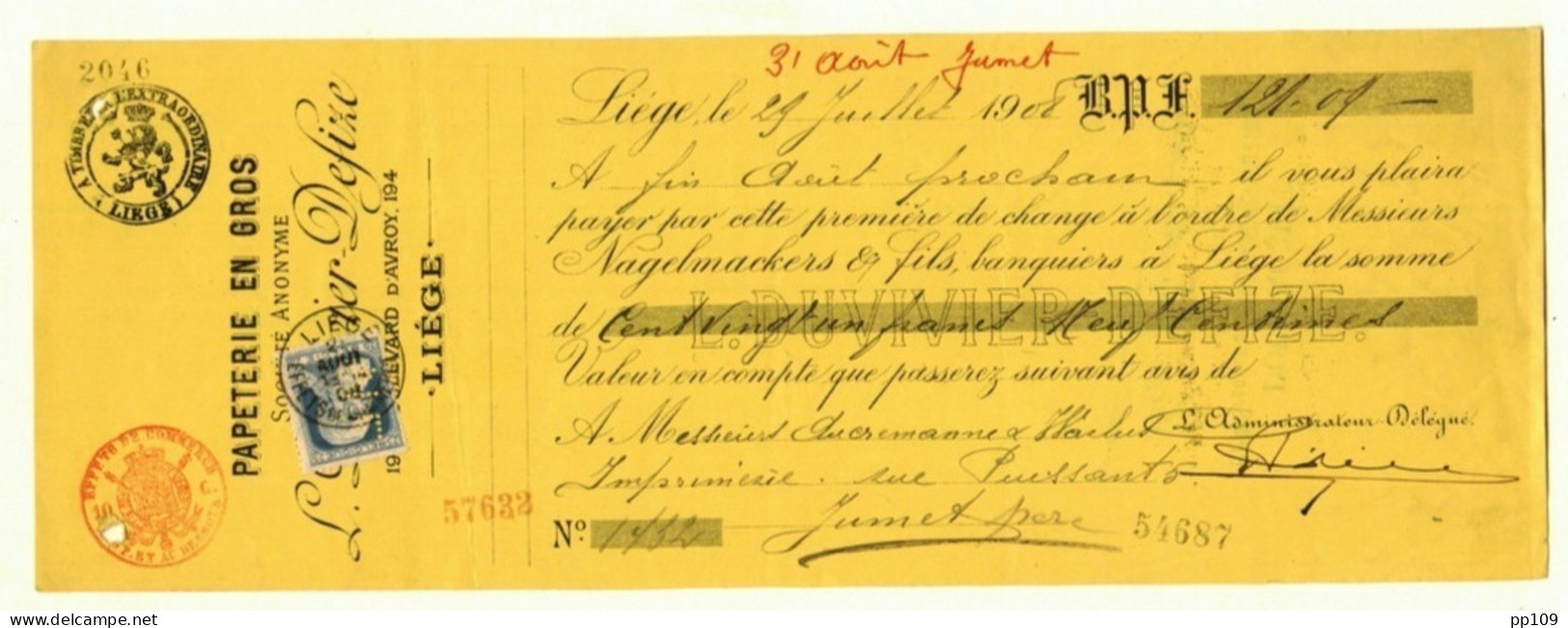 PERFORE LIEGE  Duvivier Defize Papiers En Gros Papeterie  Rue St Paul  Grosse Barbe TP 76  Obl 2 VIII 1908 - 1863-09