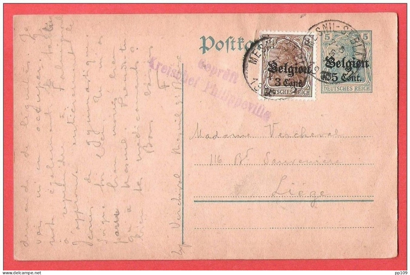 Occupation Allemande  Obl  MESNIL SAINT BLAISE  5 X 1915 Vers LIEGE Censure KREISCHEF PHILIPPEVILLE - Ocupación Alemana
