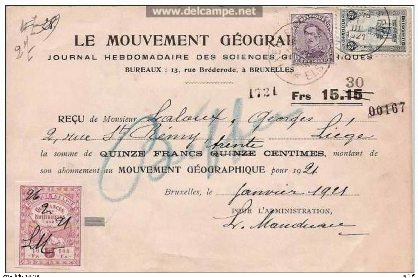 N°164 (perron De Liège) Et 139 Sur Reçu + Fiscal 5c Avec Au Dos : étiquette Bil. - Documenten