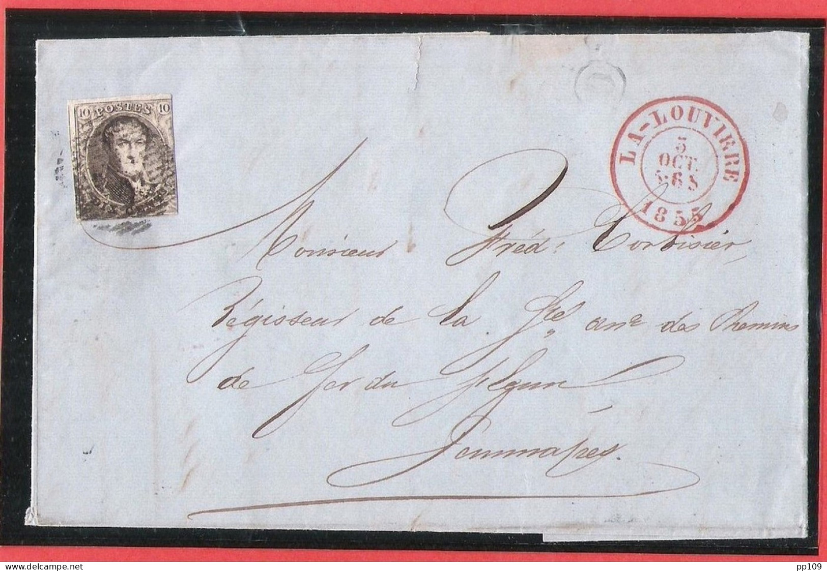 Médaillon Obl Perception LA LOUVIERE 5 X 1855 Vers JEMMAPES Avec Cachet De Boîte D  Forge Laminoir HOUDENG AIMERIES - Posta Rurale