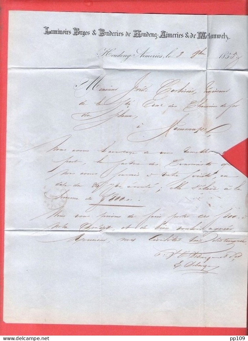 Médaillon Obl Perception LA LOUVIERE 5 X 1855 Vers JEMMAPES Avec Cachet De Boîte D  Forge Laminoir HOUDENG AIMERIES - Landpost (Ruralpost)