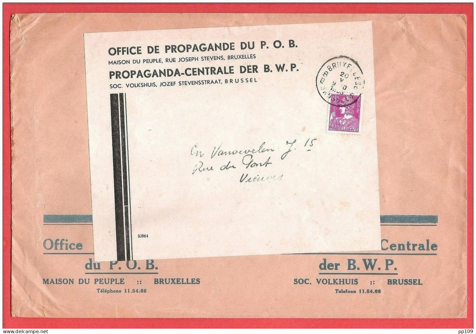 Mercure TP 338 Sur Lettre Imprimé - Emploi  Rare  MAISON Du PEUPLE  POB Rue Joseph Stevens   Bruxelles - 1932 Cérès Et Mercure