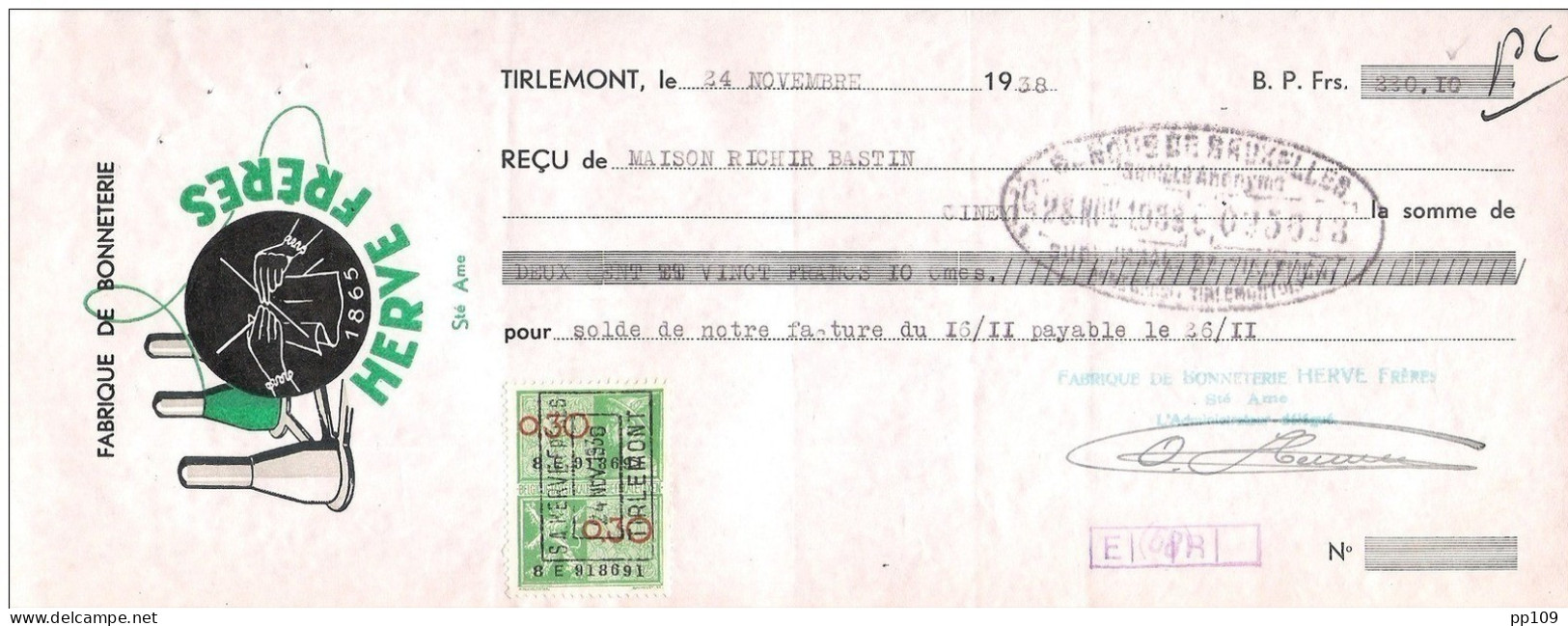 Mandat Pub Ill HERVE FRERES  Bonneterie  Tricot  TIRLEMONT 1938 +  Timbre Fiscal - Documenten