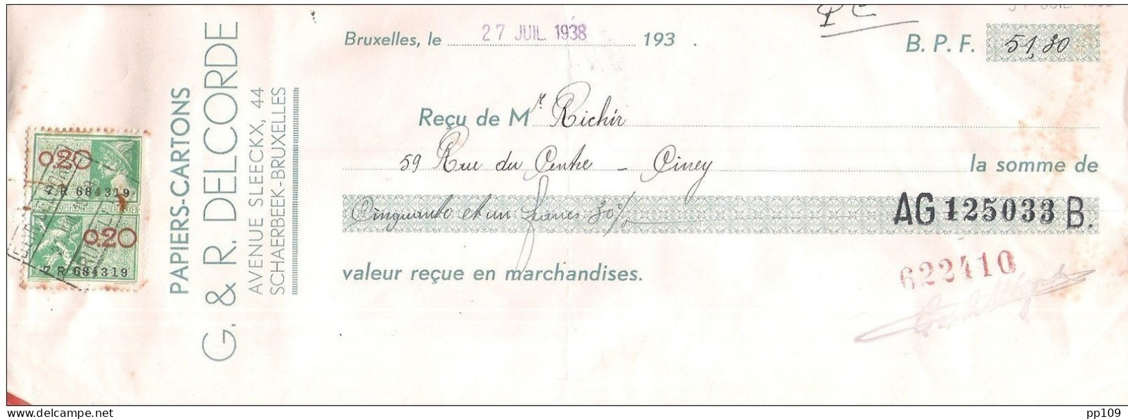 Mandat Pub  Papier Carton DELCORDE   44, Avenue Sleeckx à SCHAERBEEK Bruxelles 1938  +  Timbre Fiscal - Dokumente