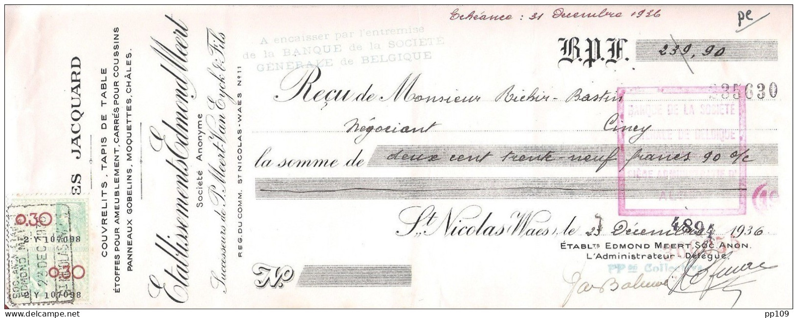 Mandat Pub  Couvrelit Tapis De Table EDMOND MEERT  ST NICOLAS WAES  1936  +  Timbre Fiscal - Documents