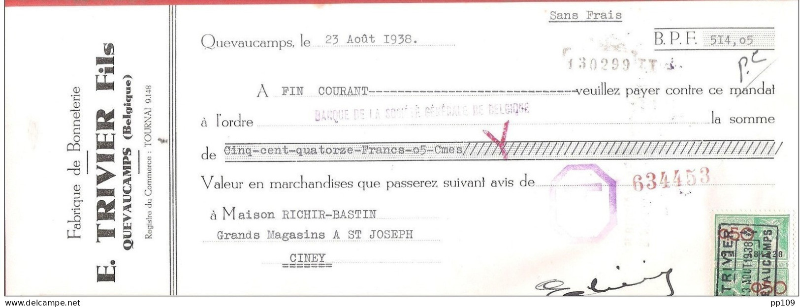 Mandat Pub  Bonneterie E.TRIVER Fils QUEVAUCAMPS  1938  +  Timbre Fiscal - Documentos