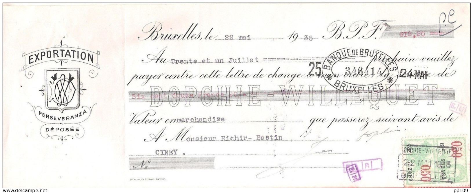 Mandat Pub  EXPORTATION PERSEVERANZA Dopchie Willequet BRUXELLES 1935 +  Timbre Fiscal - Documents