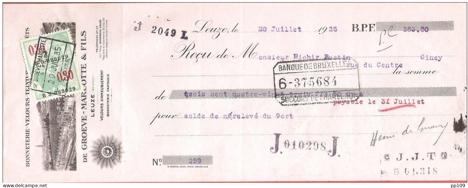 Mandat (ou Reçu) Pub Ill  Bonneterie Velours DE Groeve MArCOTTE à LEUZE  1935 + Fiscal - Documentos