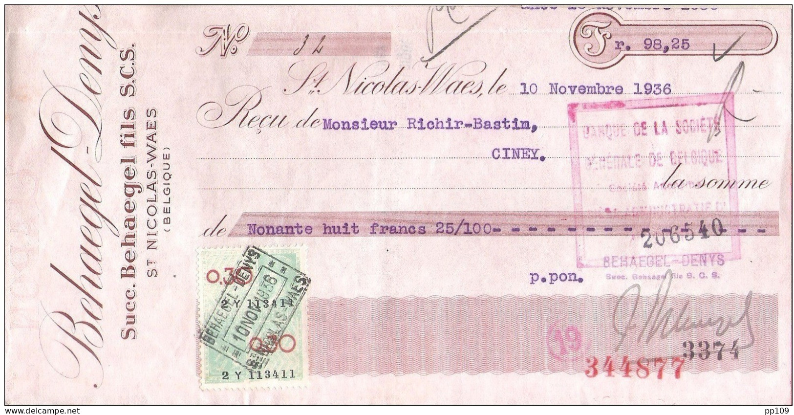 Mandat (ou Reçu) Pub BEHAEGEL DENYS à ST NICOLAS WAES  19356 + Fiscal - Documentos