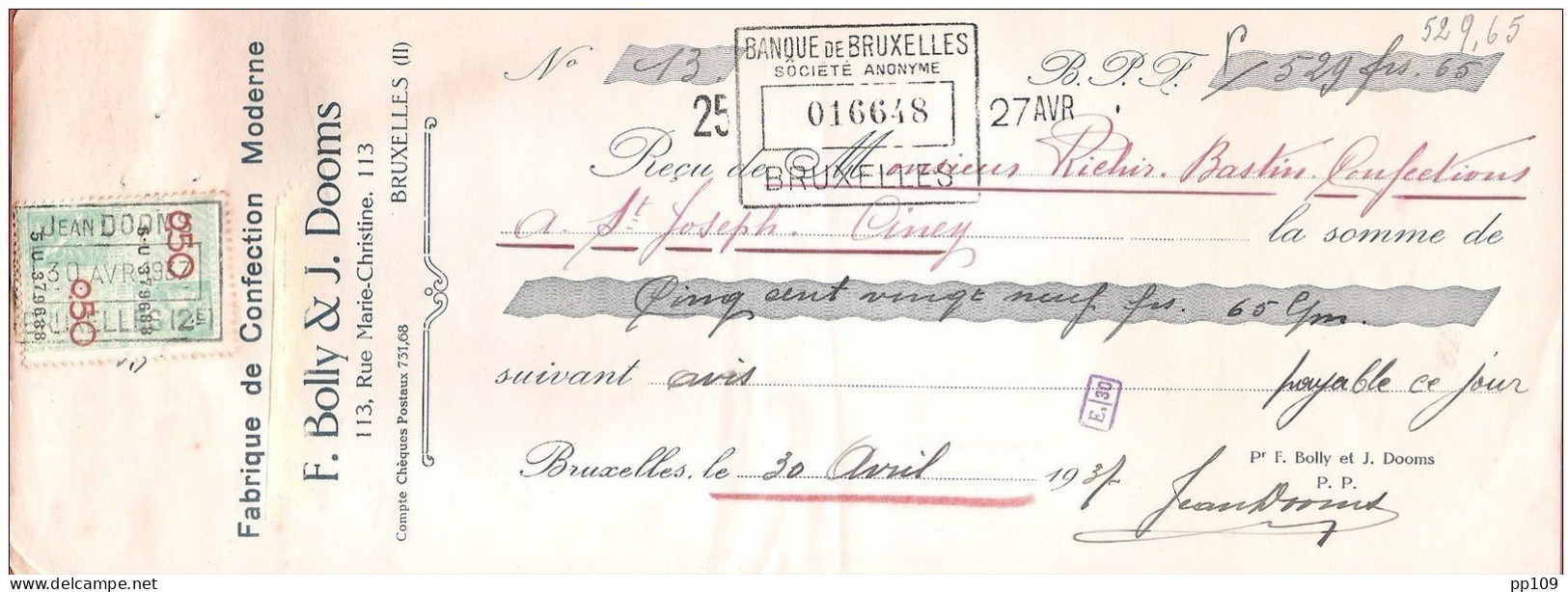 Mandat (ou Reçu) Pub  Confection BOLLY DOOMS 113 Rue MArie Christine à LAEKEN 1937  + Fiscal - Documenti