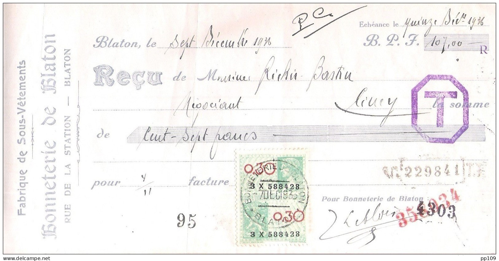 Mandat (ou Reçu)  Pub Fabrique Sous-vêtement  Bonneterie De BLATON Rue De La Station   1936  +  Timbre Fiscal - Documents