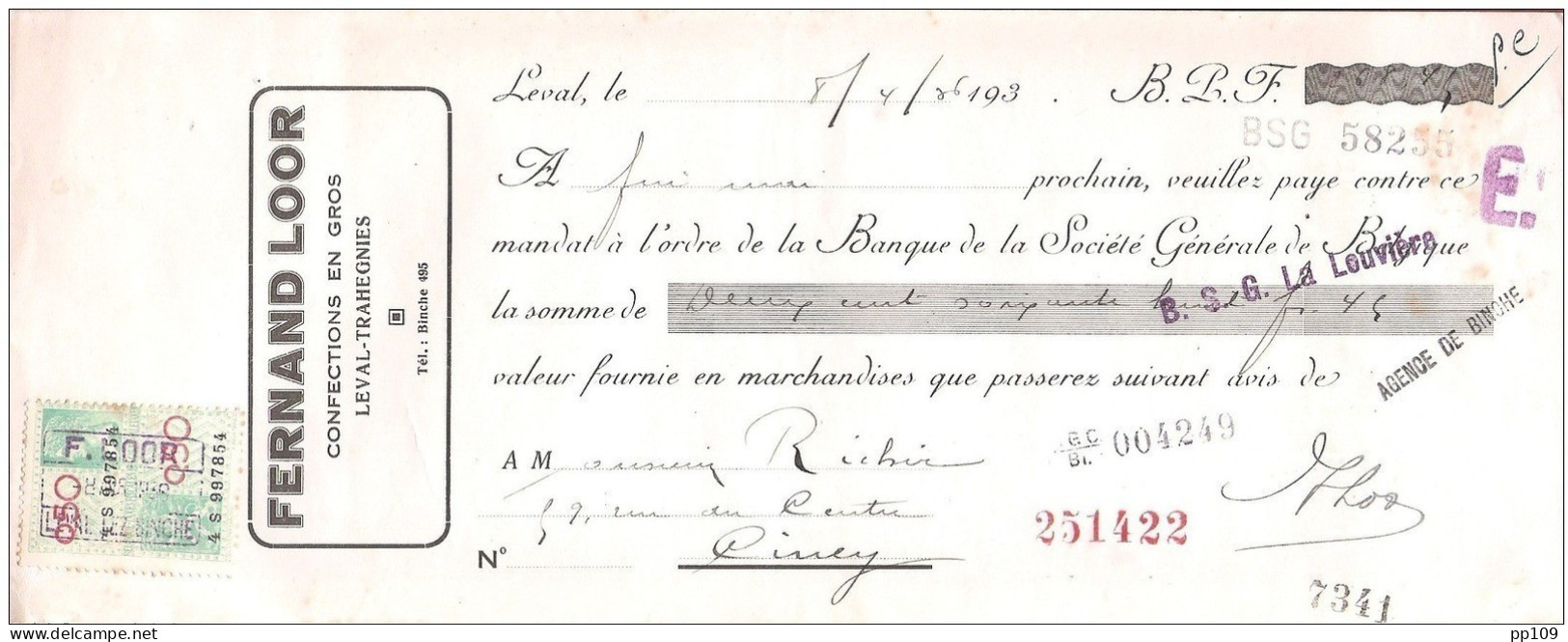 Mandat (ou Reçu)  Pub Confection Fernand LOOR à LEVAL TrAHEGNIES BINCHE  1936  +  Timbre Fiscal - Documentos