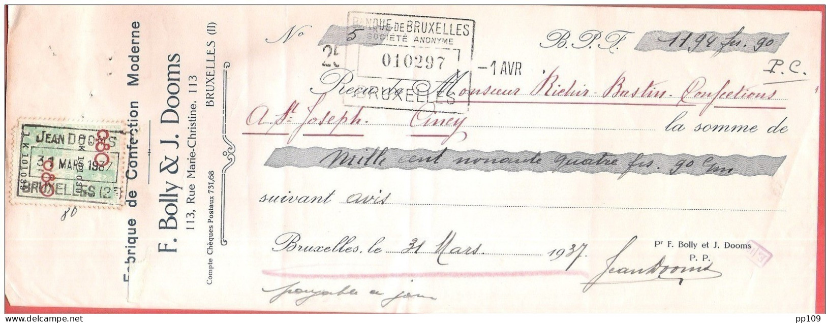 Mandat (ou Reçu)  Pub Confection BOLLY DOOMS Rue Marie Christine, 113 à LAEKEN Bruxelles  1937  +  Timbre Fiscal - Dokumente