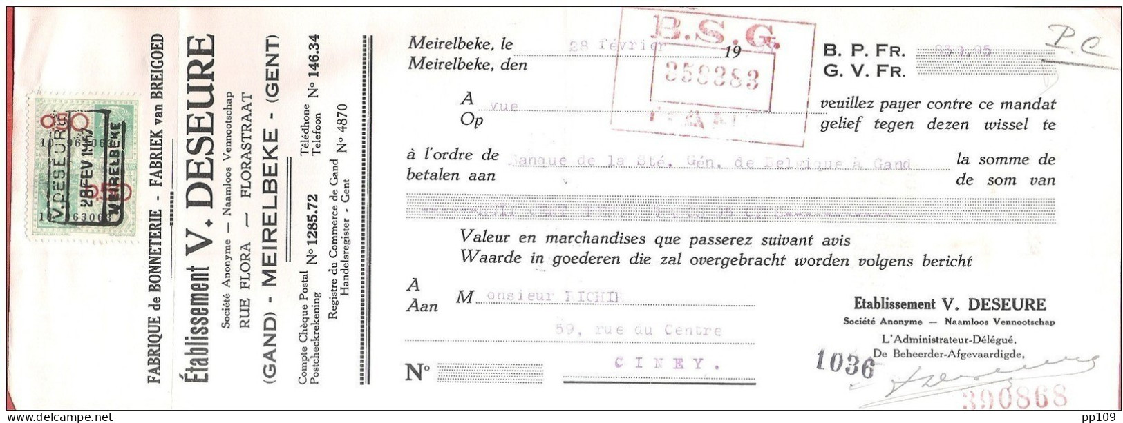 Mandat (ou Reçu)  Pub Bonneterie V.DESEURE Rue Flora GAND GENT MEIRELBEKE   1937  +  Timbre Fiscal - Documenti