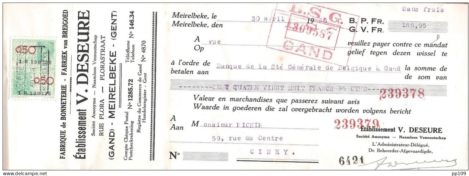 Mandat (ou Reçu)  Pub Bonneterie V.DESEURE Rue Flora GAND GENT MEIRELBEKE   1936  +  Timbre Fiscal - Documentos