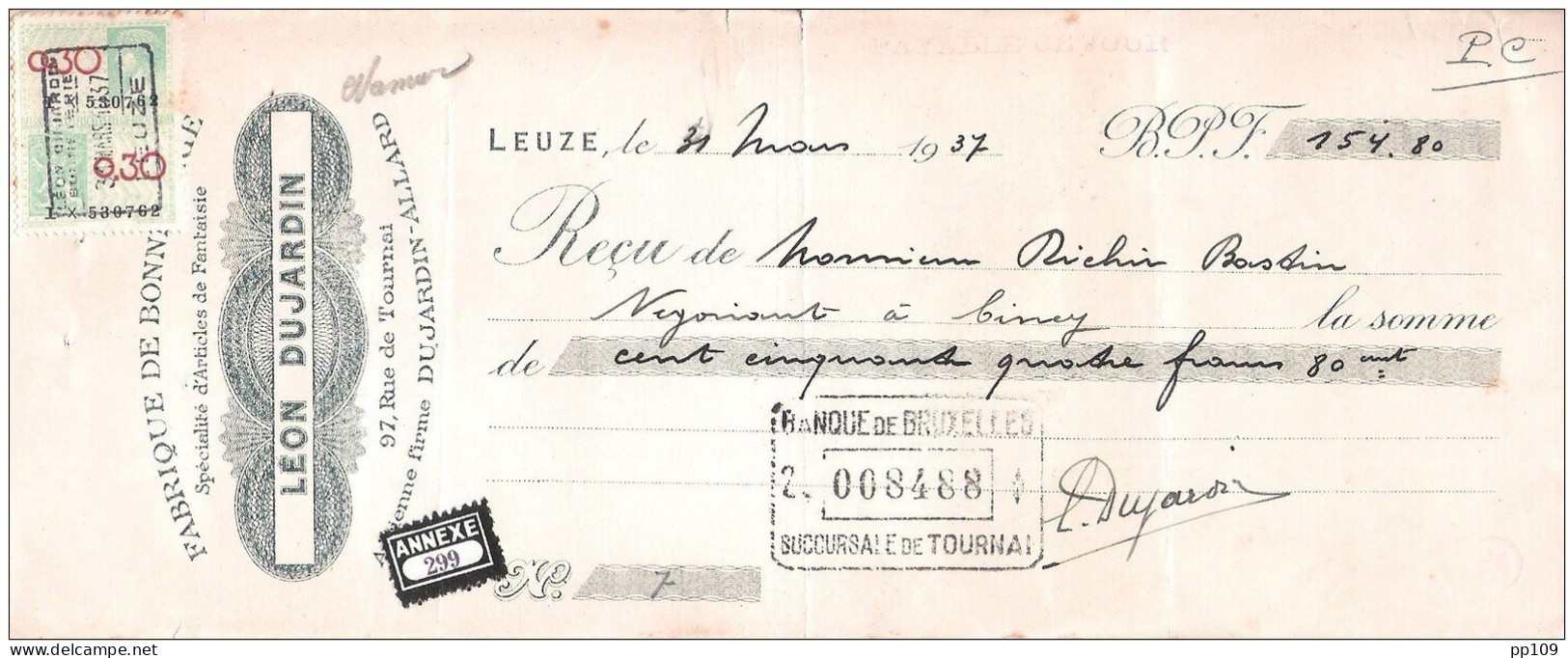 Mandat (ou Reçu)  Pub Bonneterie LEON DUJARDIN 97, Rue De Tournai à LEUZE   1937  +  Timbre Fiscal - Documents