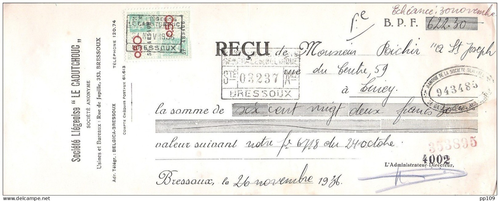 Mandat (ou Reçu)  Pub  Société LE CAOUTCHOUC  Rue De Jupille  353 à BRESSOUX  1936  +  Timbre Fiscal - Documents
