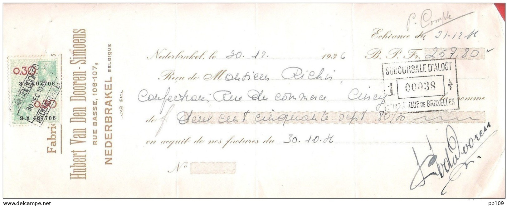 Mandat (ou Reçu)  Pub  Hubert VAN DEN DOOREN SIMOENS Rue Basse 106-107 à NEDERBRAKEL   1936  +  Timbre Fiscal - Dokumente