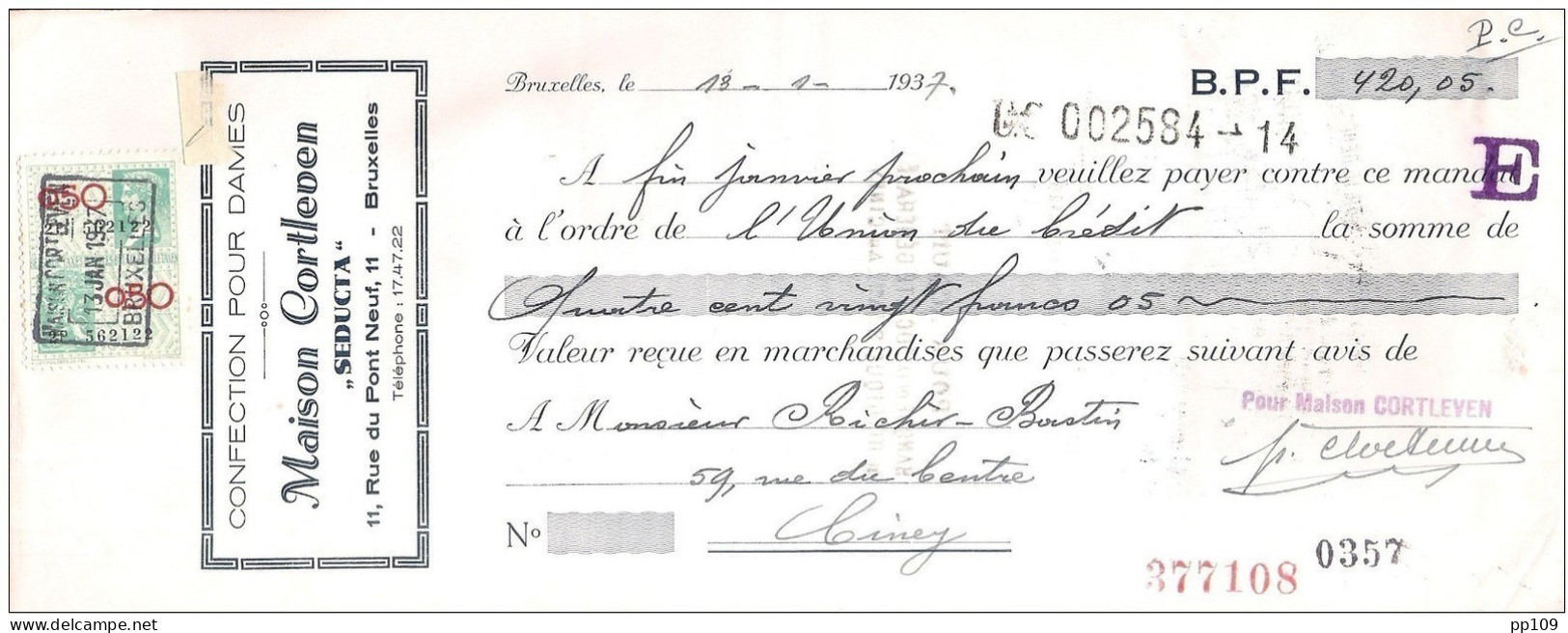 Mandat (ou Reçu)  Pub   Confection Maison CORTLEVEN Seducta 11, Rue Du Pont Neuf  BRUXELLES   1937  +  Timbre Fiscal - Dokumente