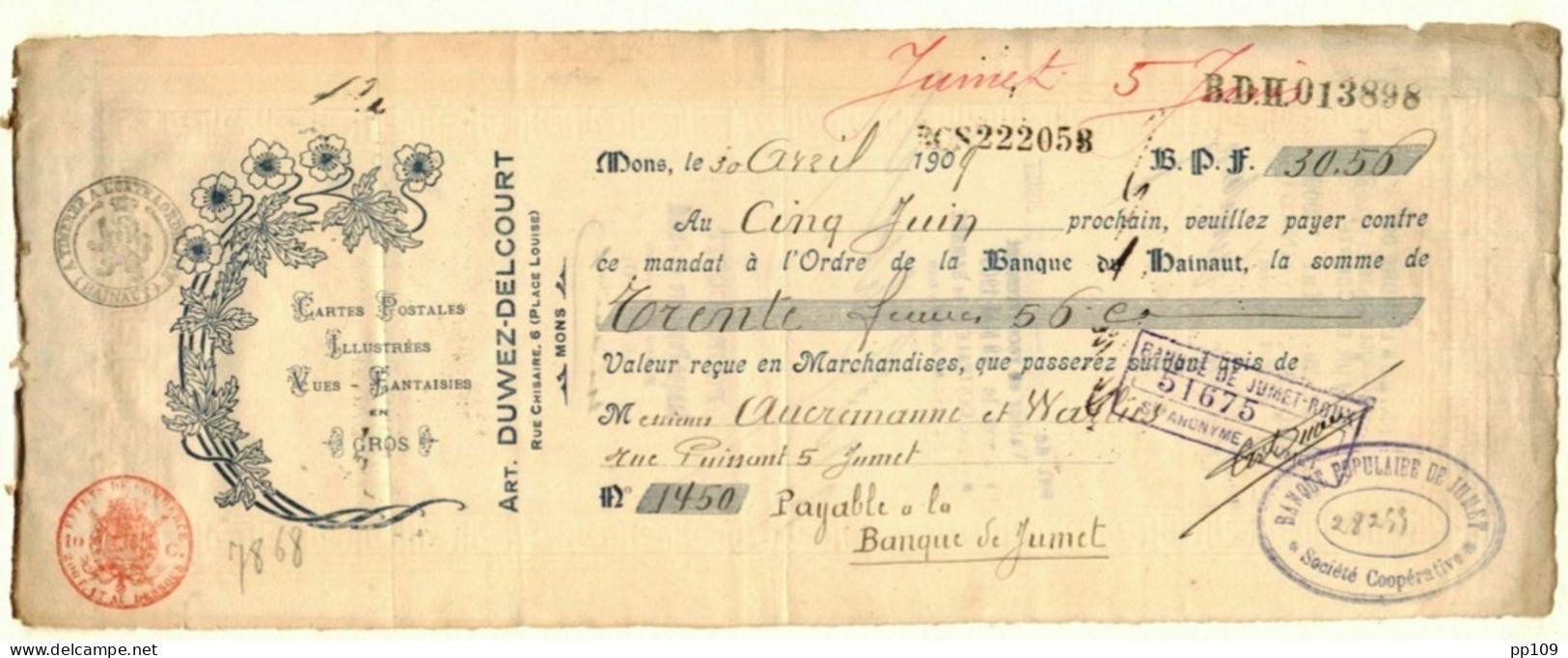 MONS Place Louise, 6 Mandat   Ill. Cartes Postales + Vues Arthur DUWEZ DELCOURT 30 IV 1909 - Documenten