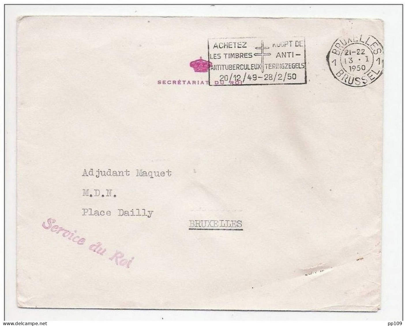 Lettre En Franchise SECRETARIAT DU ROI + Griffe En Rouge Service Du Roi Obl Bruxelles 13 I 1950 - Zonder Portkosten