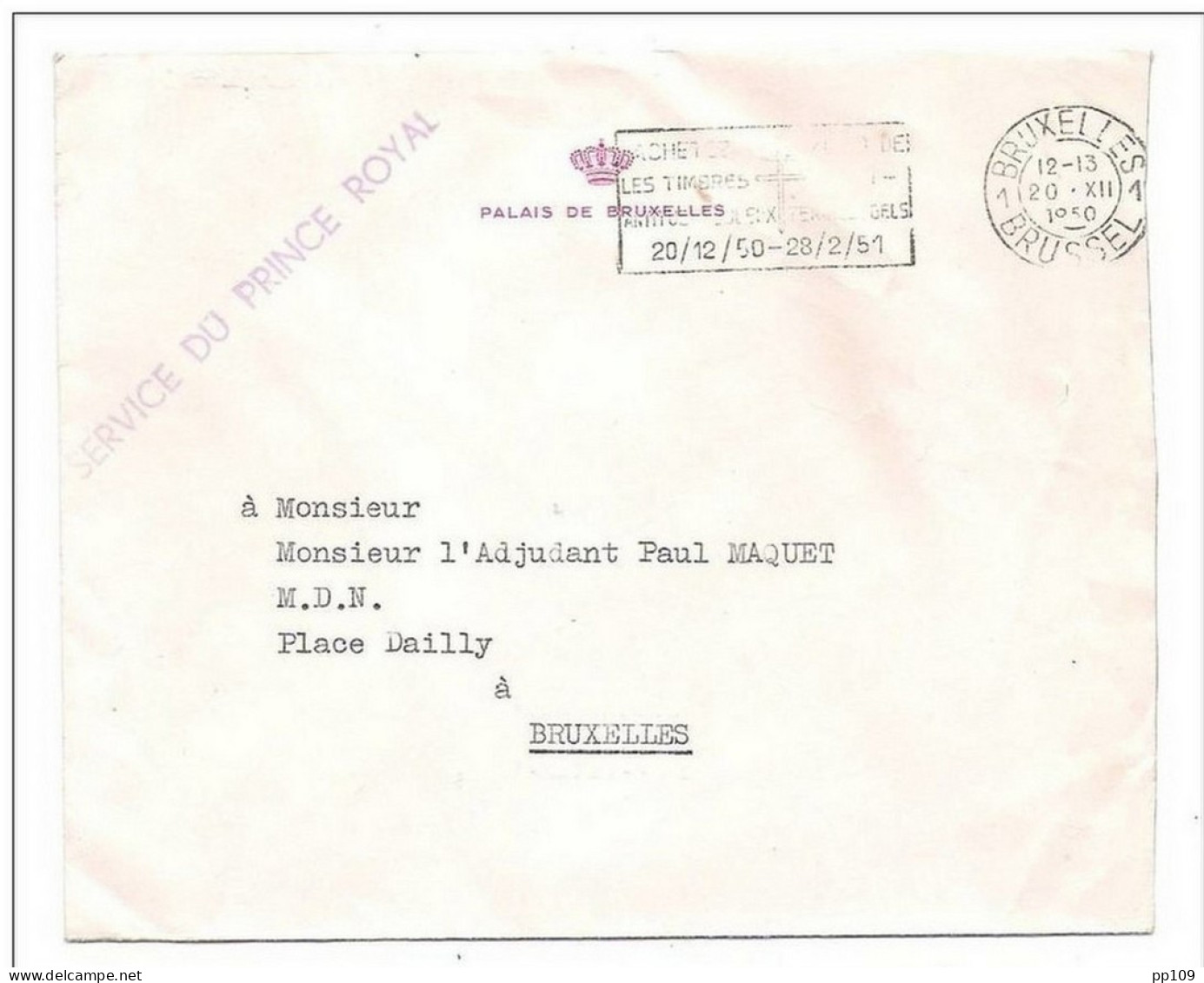 Lettre En Franchise  PALAIS DE BRUXELLES Griffe SERVICE DU PRINCE ROYAL Obl Bruxelles 20 XII 1950 - Franchise