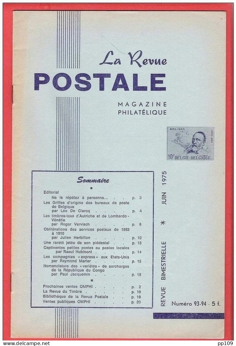 LA Revue Postale Magazine Philatélique  Bimestriel N° 93-94 En 1975 - Francés (desde 1941)