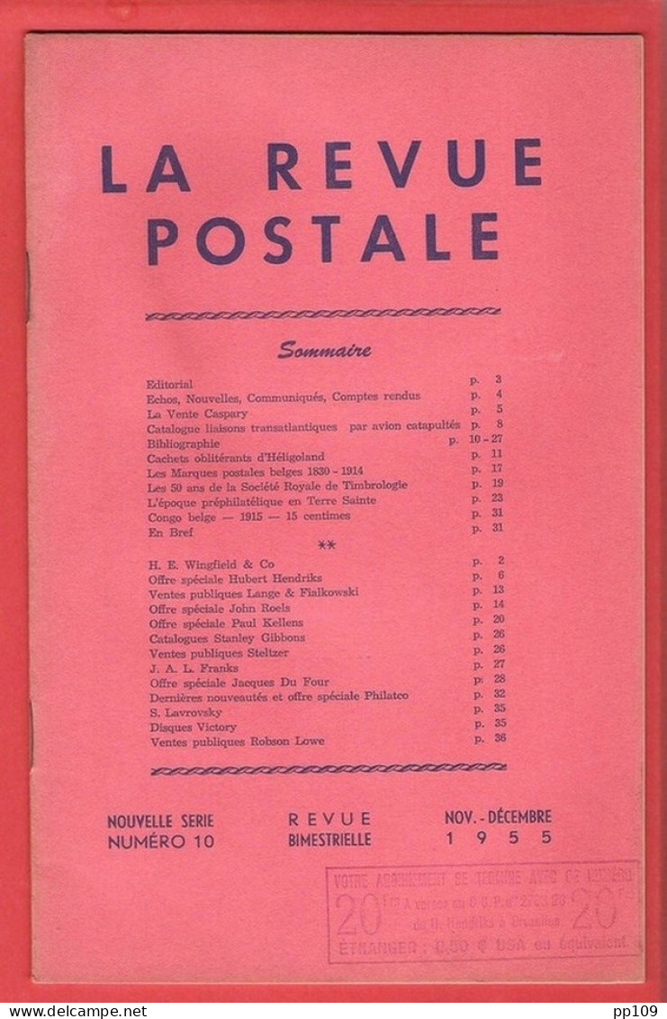 LA REVUE POSTALE  Rédacteur Jacques DUFOUR - Articles Intéressants - Novembre Et Décembre1955 - Numéro 10 - Francesi (dal 1941))