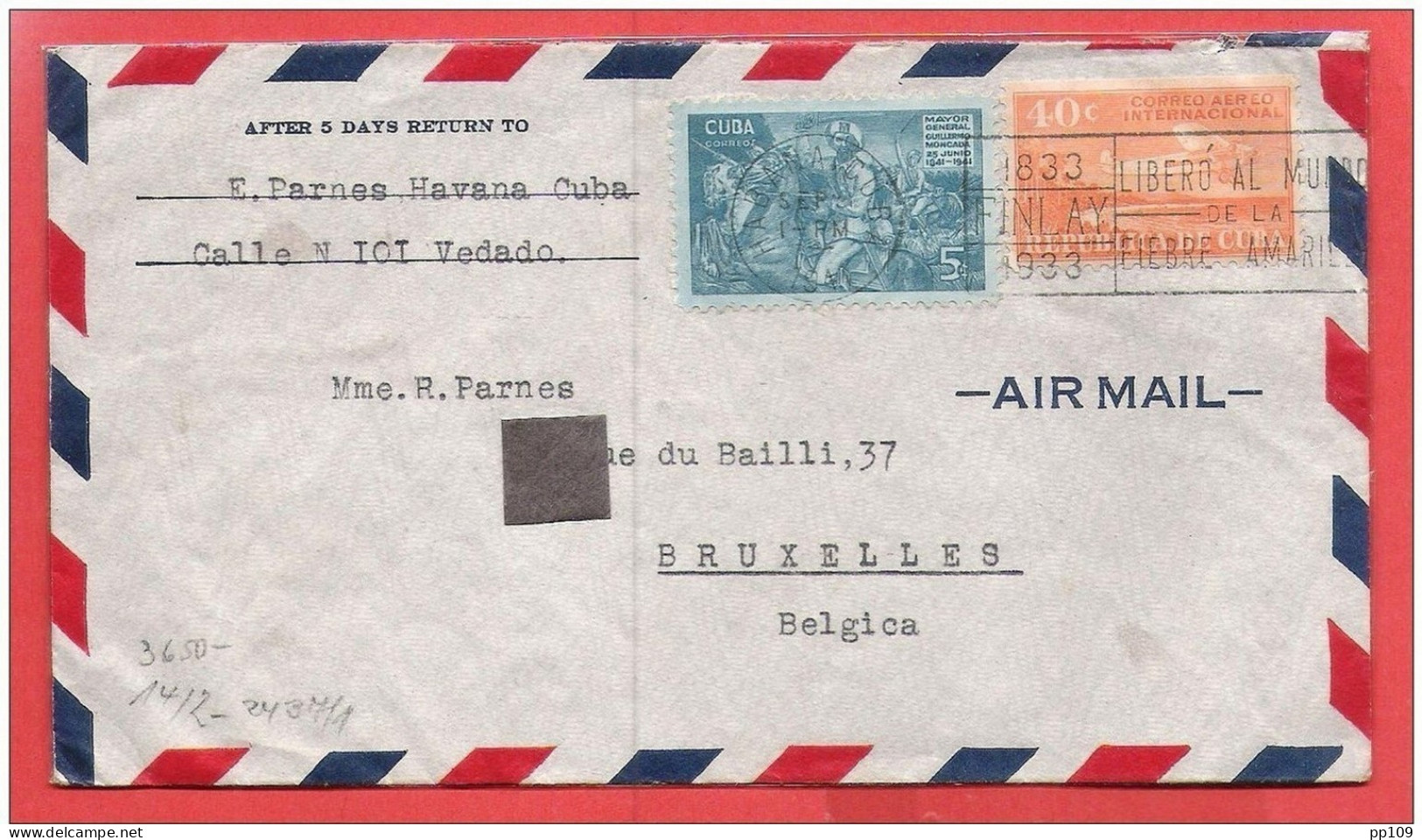 L Via Airmail CUBA  Habana Vers Bruxelles - Guerre 40-45 - Covers & Documents