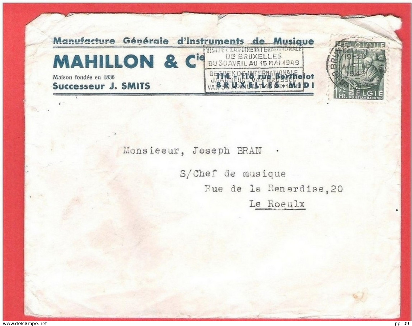 L Pub + Contenu  Facture  Manufacture D'instrument Musique  MAHILLON Rue Berthelot 114-116 FOREST  Exportations 1949 - 1948 Exportation