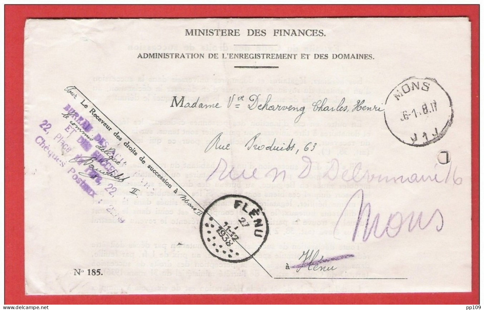 L Ministère Finances FRANCHISE Obl MONS 26 I 1938 Vers FLENU 27 I 1938 Puis Retour MONS - Zonder Portkosten